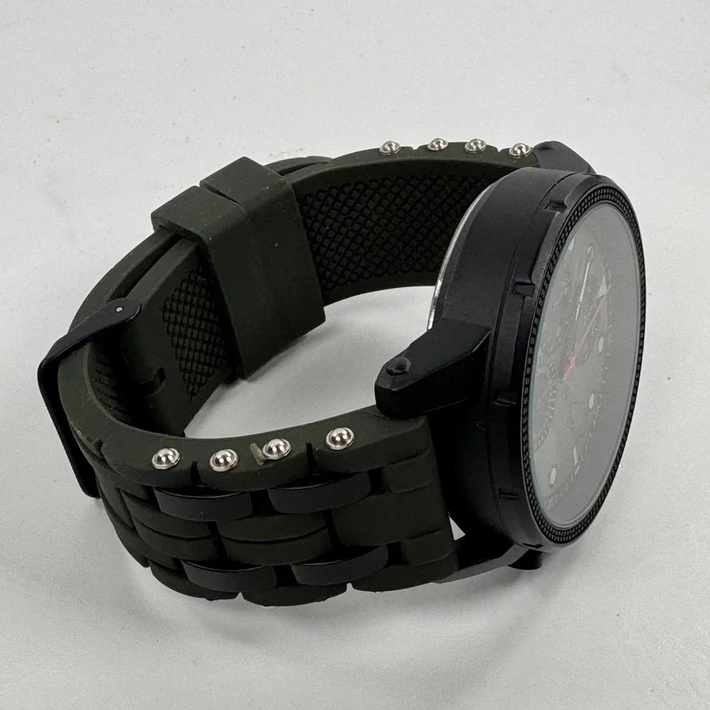 Ed Hardy Mens Camouflage Dial Watch Black Case Green Studded Silicone Band 50444